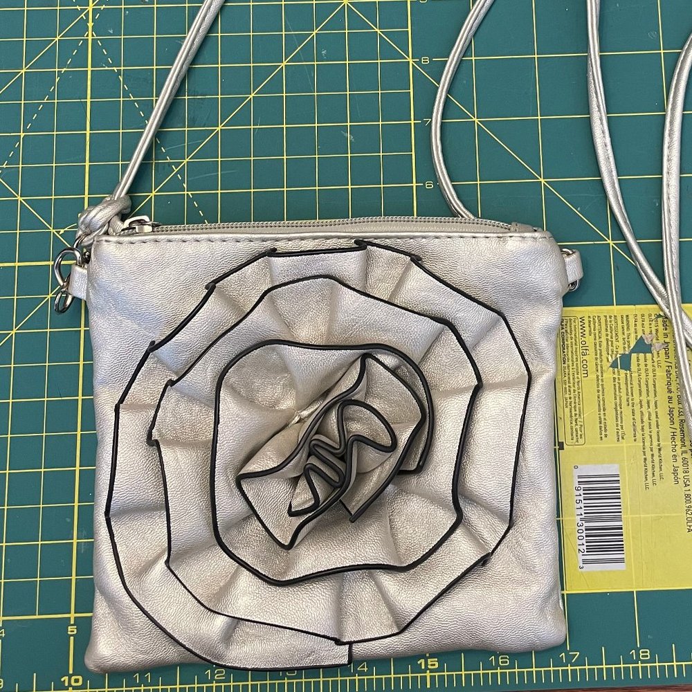 Women's Silver Vegan Crossbody Purse with a 3D Flower on Front Zipper Closure